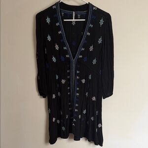 Free People Black Midi Dress with Blue Embroidery, Small
